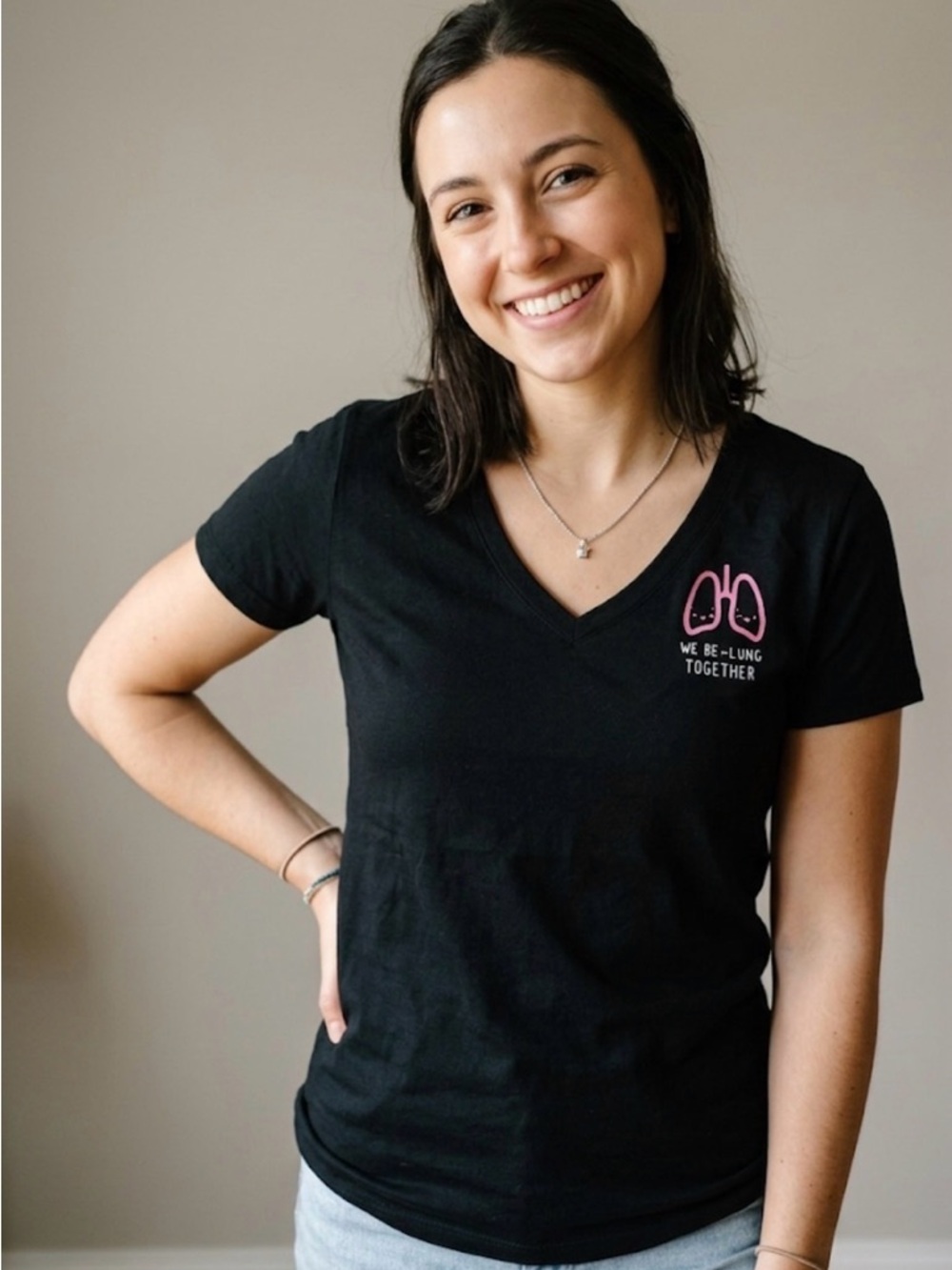 Hanes Black V-Neck Tee with Pink Lung Graphic